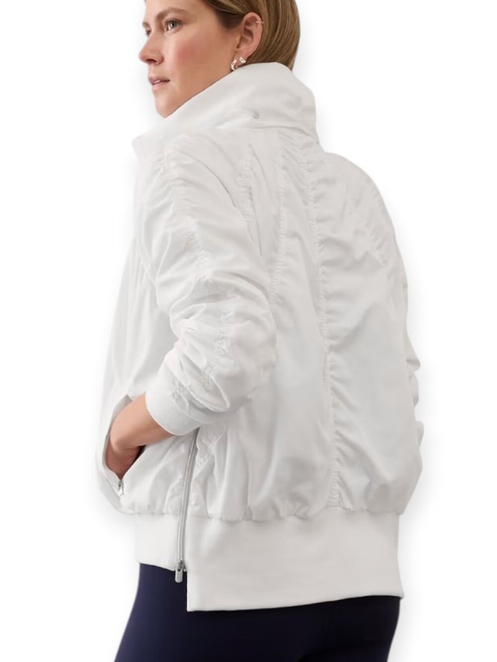 Athleta Jetset Women's White XL Full Zip Relaxed Bomber Hoodie Jacket‎